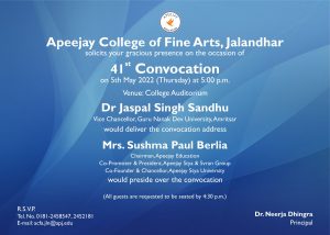 Read more about the article Apeejay College ऑफ फाइन आर्ट्स, जालंधर 5 मई 2022 को 41वें वार्षिक दीक्षांत समारोह का आयोजन किया